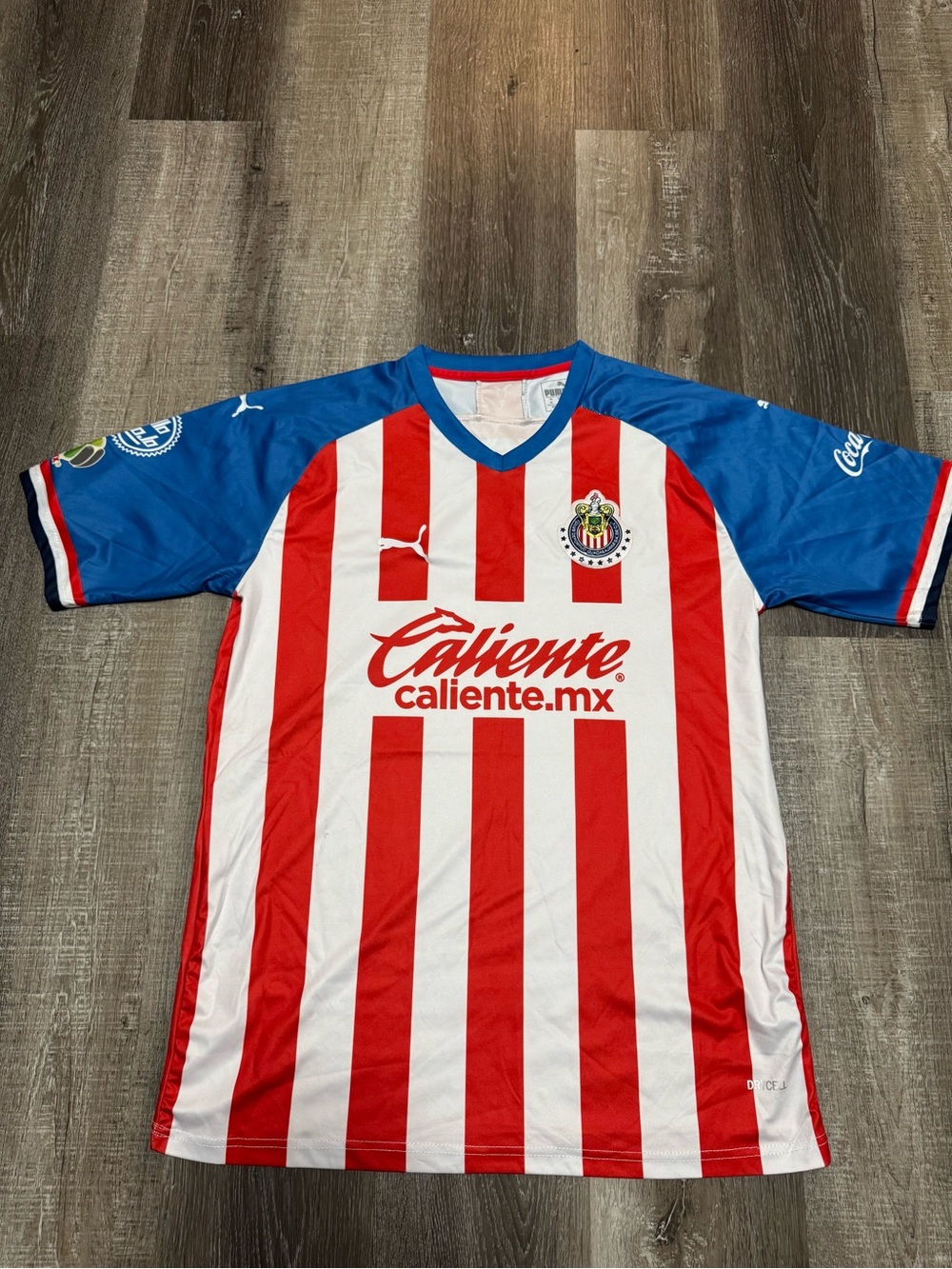 Puma Kids' Red & White Striped Soccer Jersey with Blue Sleeves